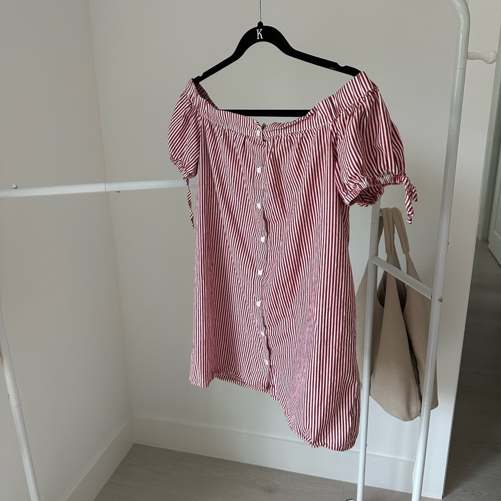 Striped Off-Shoulder Button-Up dress